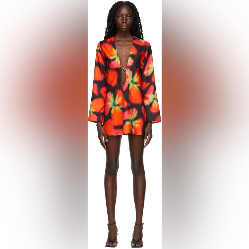 Louisa Ballou Long Sleeve V-Neck Dress in Red, Black & Green Floral Print - Picture 6 of 13